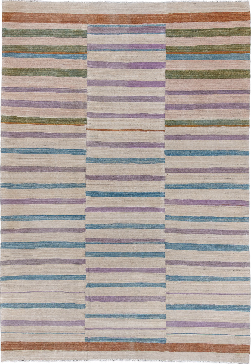 8' x 11' one-of-a-kind handmade vintage Kilim large size rug. Color palette: black, blue, brown, gray, light blue