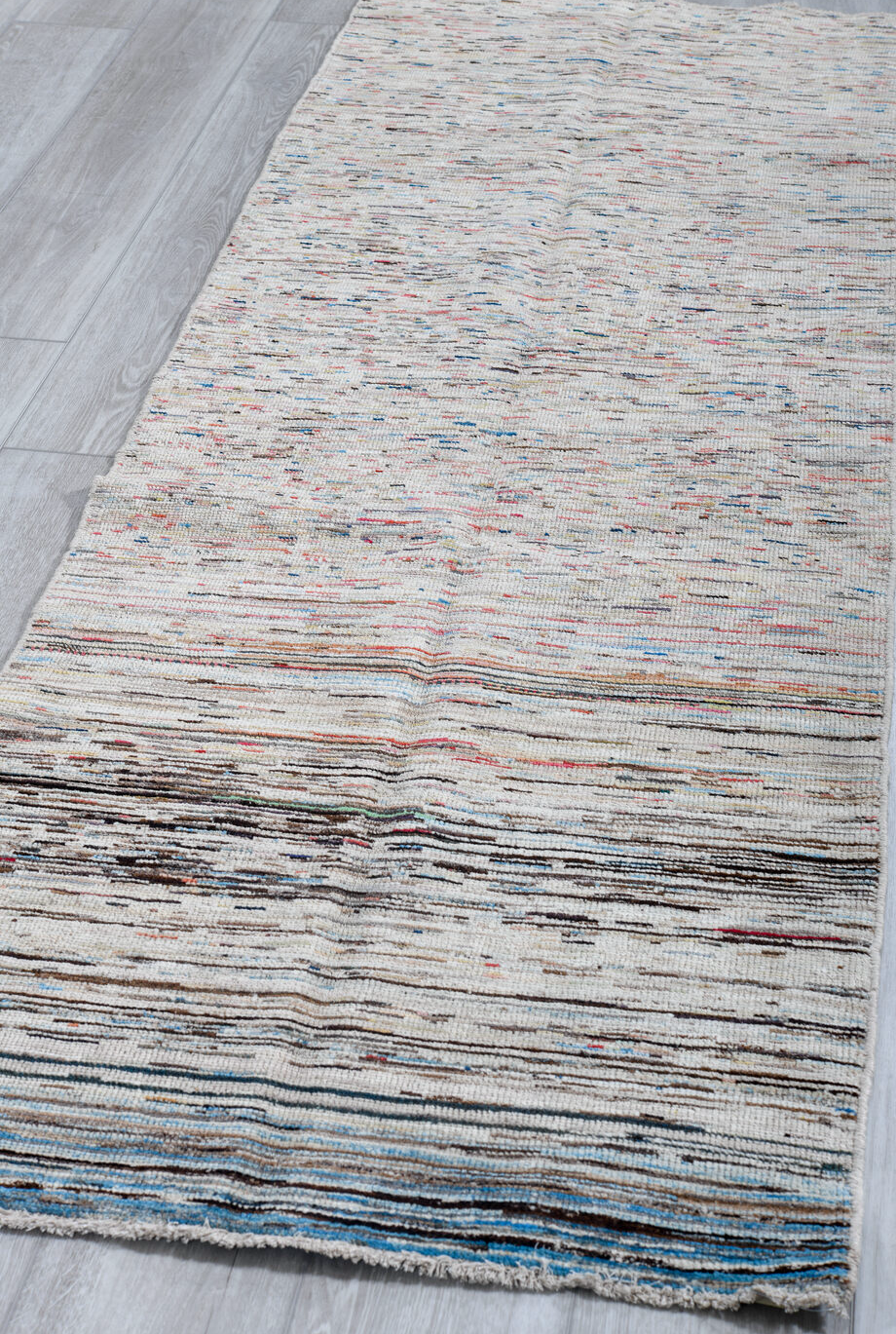 2' x 7' one-of-a-kind handmade vintage Tulu runner rug. Color palette: black, blue, dark gray, gainsboro, gray, light gray
