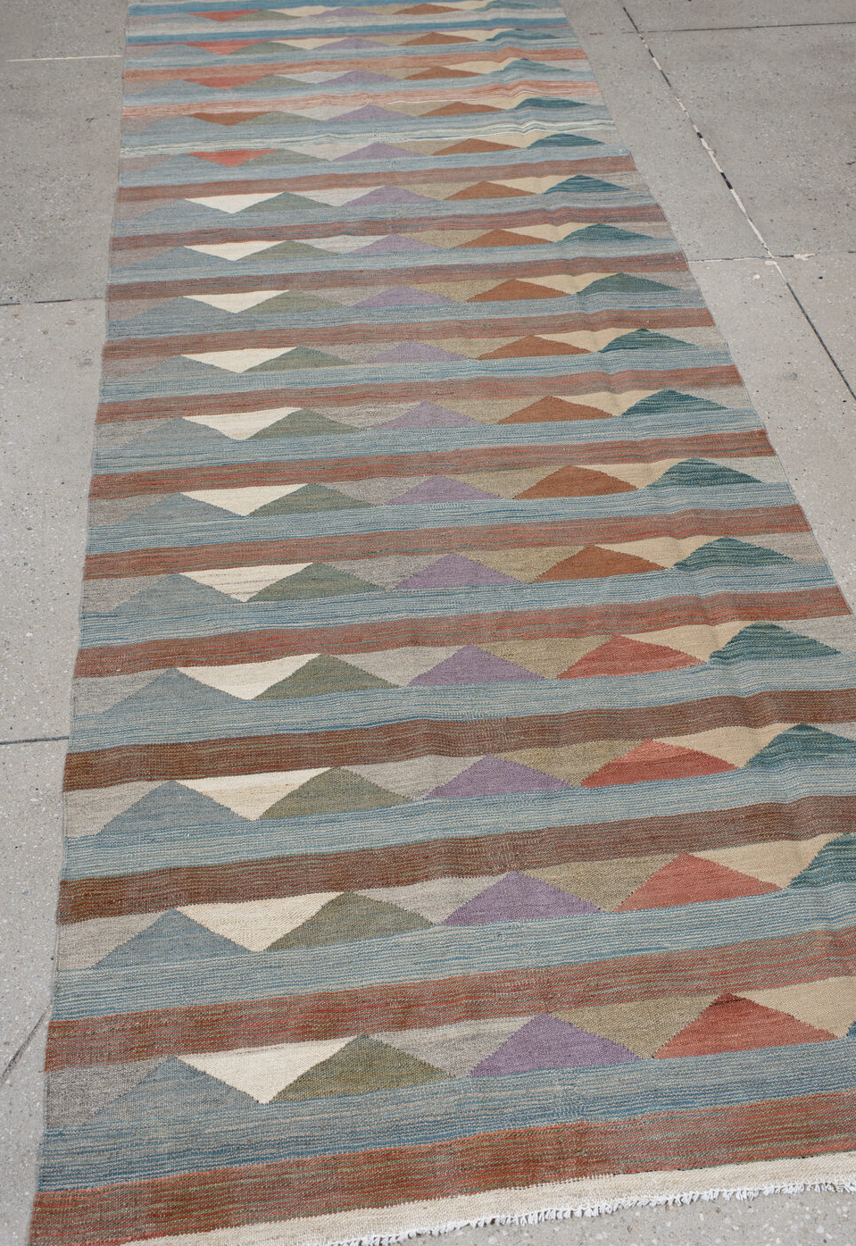 3' x 9' one-of-a-kind handmade vintage Kilim runner rug. Color palette: brown, dark gray, gray, light gray, off-white, pink