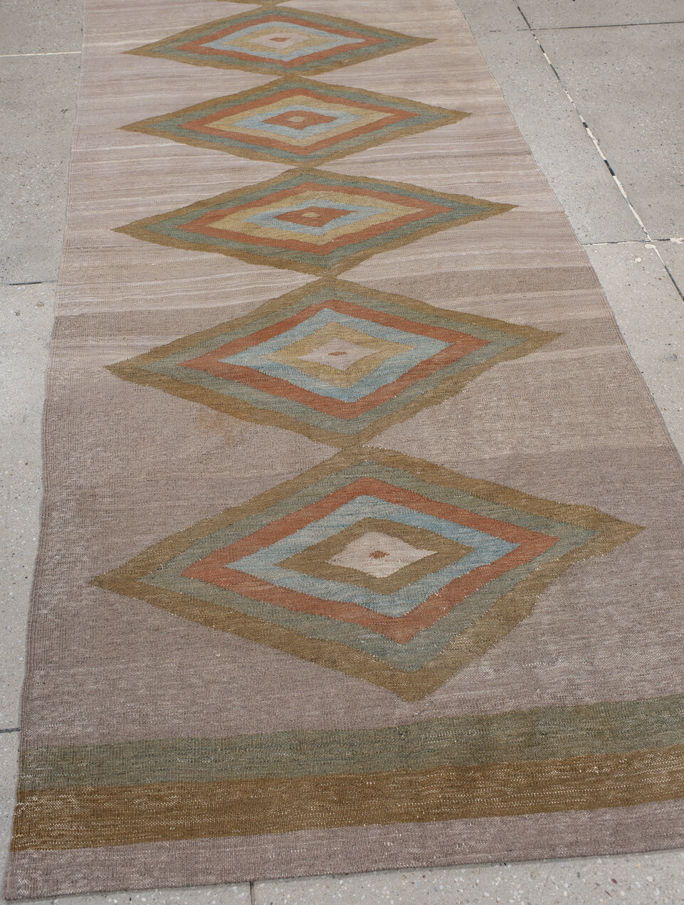 3' x 9' one-of-a-kind handmade vintage Kilim runner rug. Color palette: brown, gray, light gray, pink