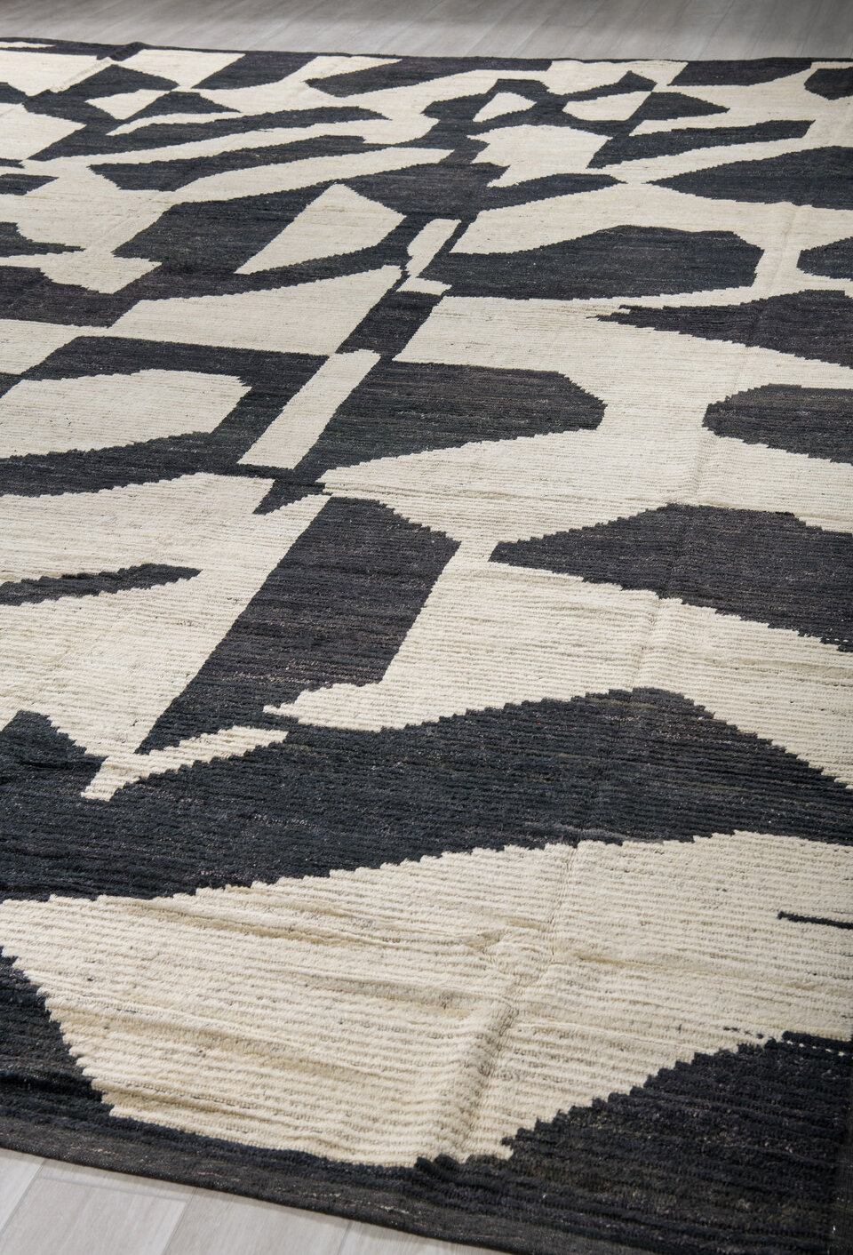 14' x 18' one-of-a-kind handmade vintage Tulu oversize rug. Color palette: black, blue, dark gray, dim gray, gainsboro, gray
