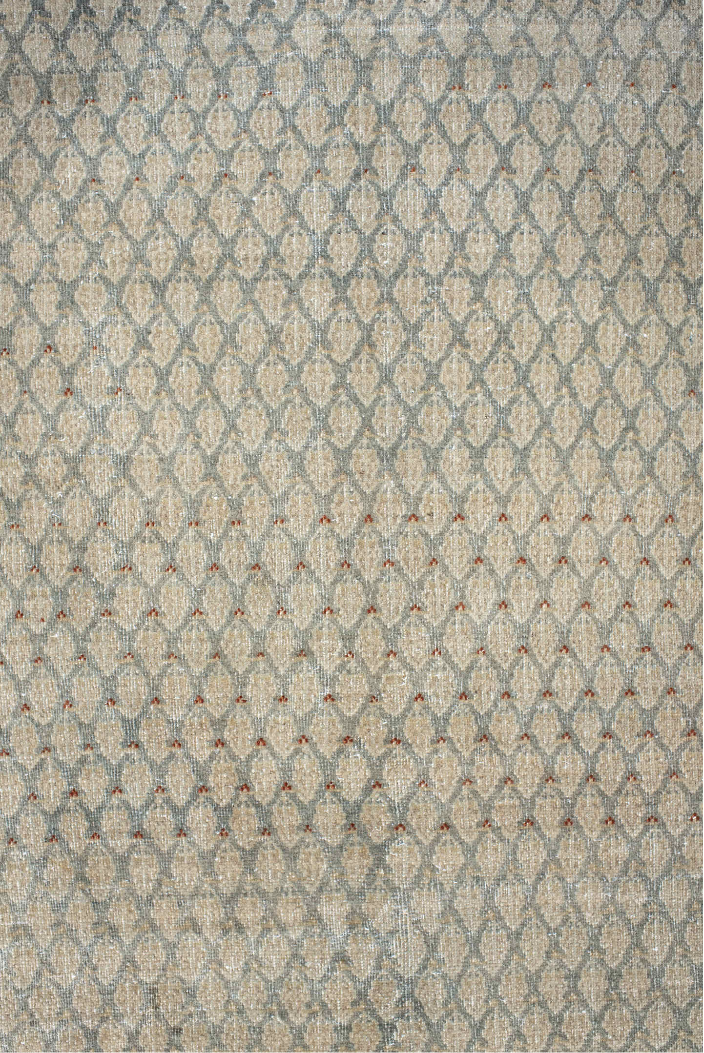 7' x 10' one-of-a-kind handmade vintage Mir large size rug. Color palette: gray, off-white, pink, light gray