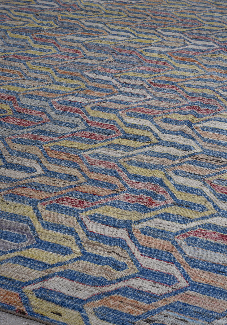 9' x 11' one-of-a-kind handmade vintage Tulu large size rug. Color palette: azure, black, blue, charcoal, dark gray