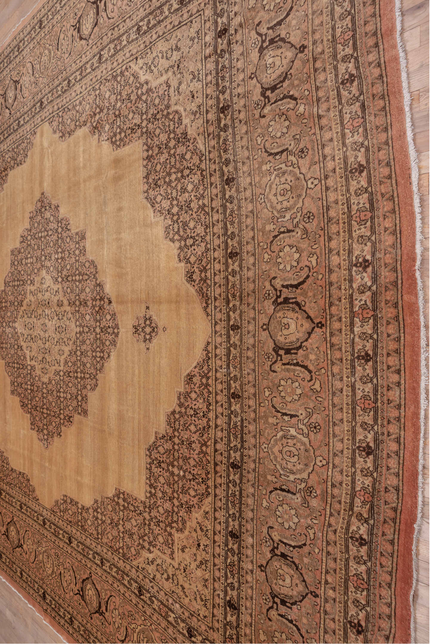 12' x 16' one-of-a-kind handmade vintage Tabriz oversize rug. Color palette: brown, orange, pink, redwood