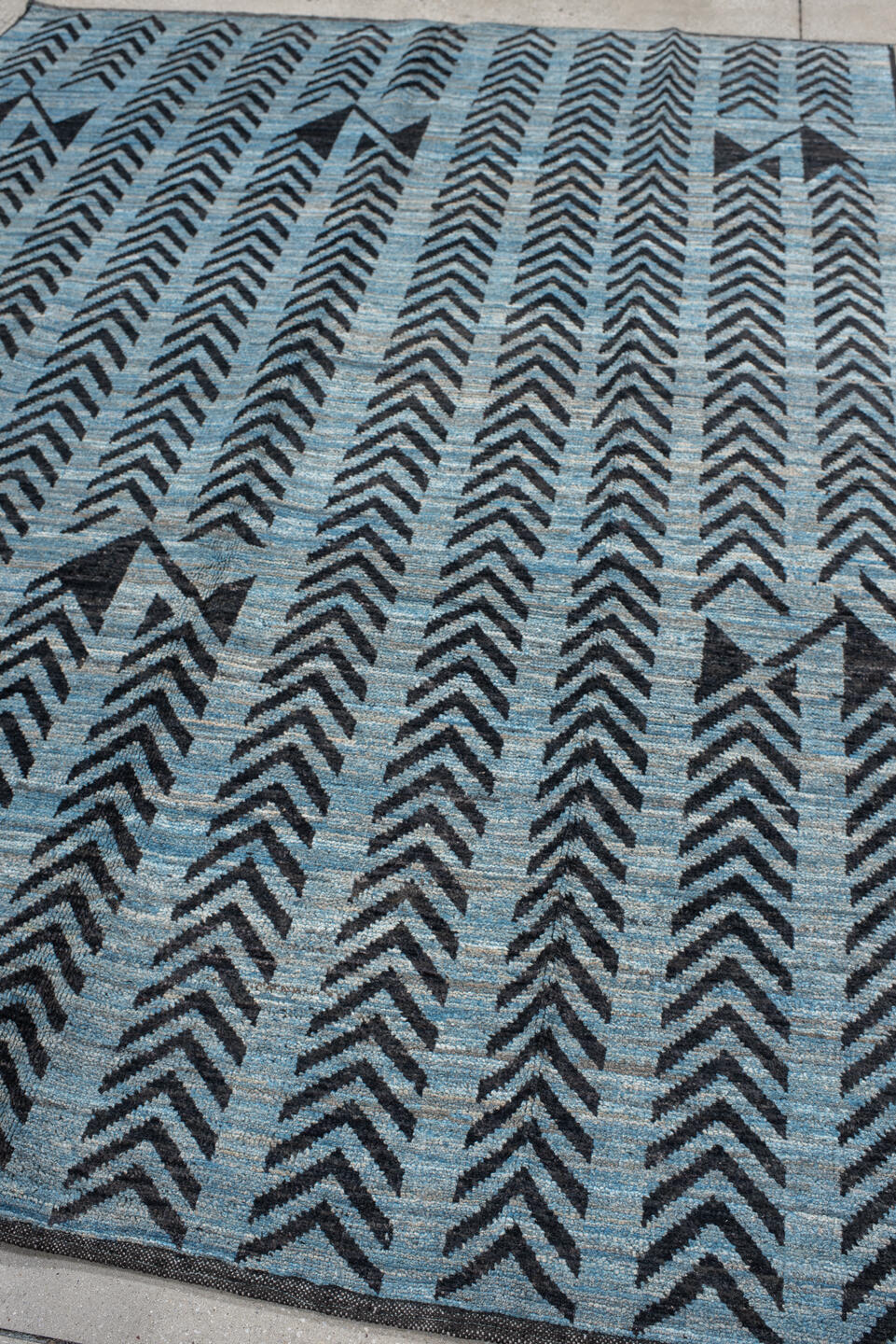 6' x 9' one-of-a-kind handmade vintage Tulu medium size rug. Color palette: gray, blue, black, light blue, light gray