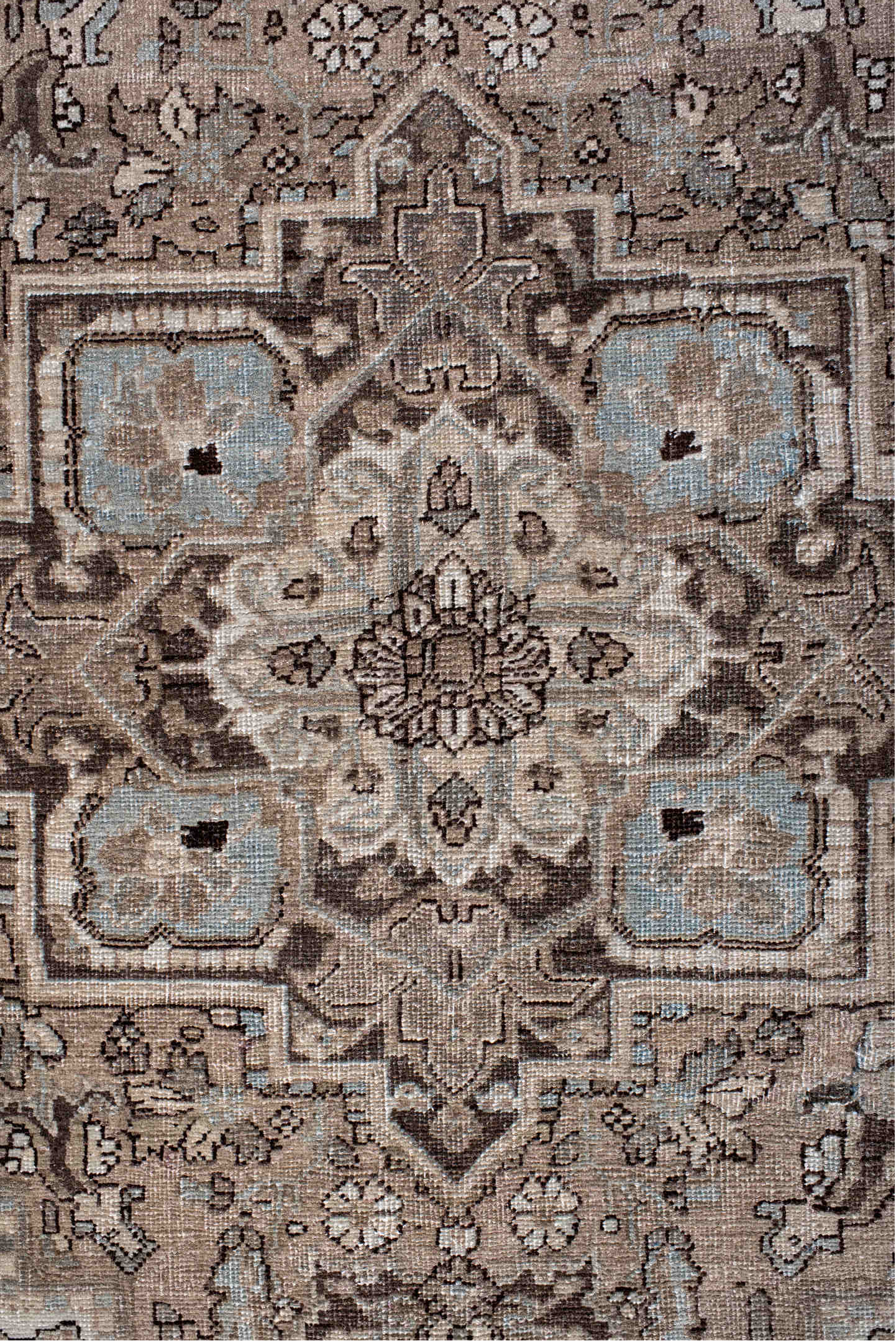 4' x 6' one-of-a-kind handmade vintage Heriz small size rug. Color palette: black, brown, gray, light gray, off-white, pink