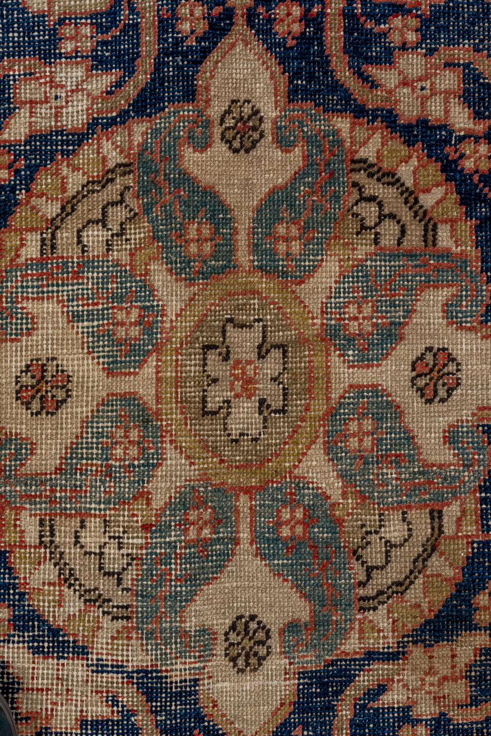 5' x 9' one-of-a-kind handmade vintage Oushak medium size rug. Color palette: blue, brown, gray, pink, red