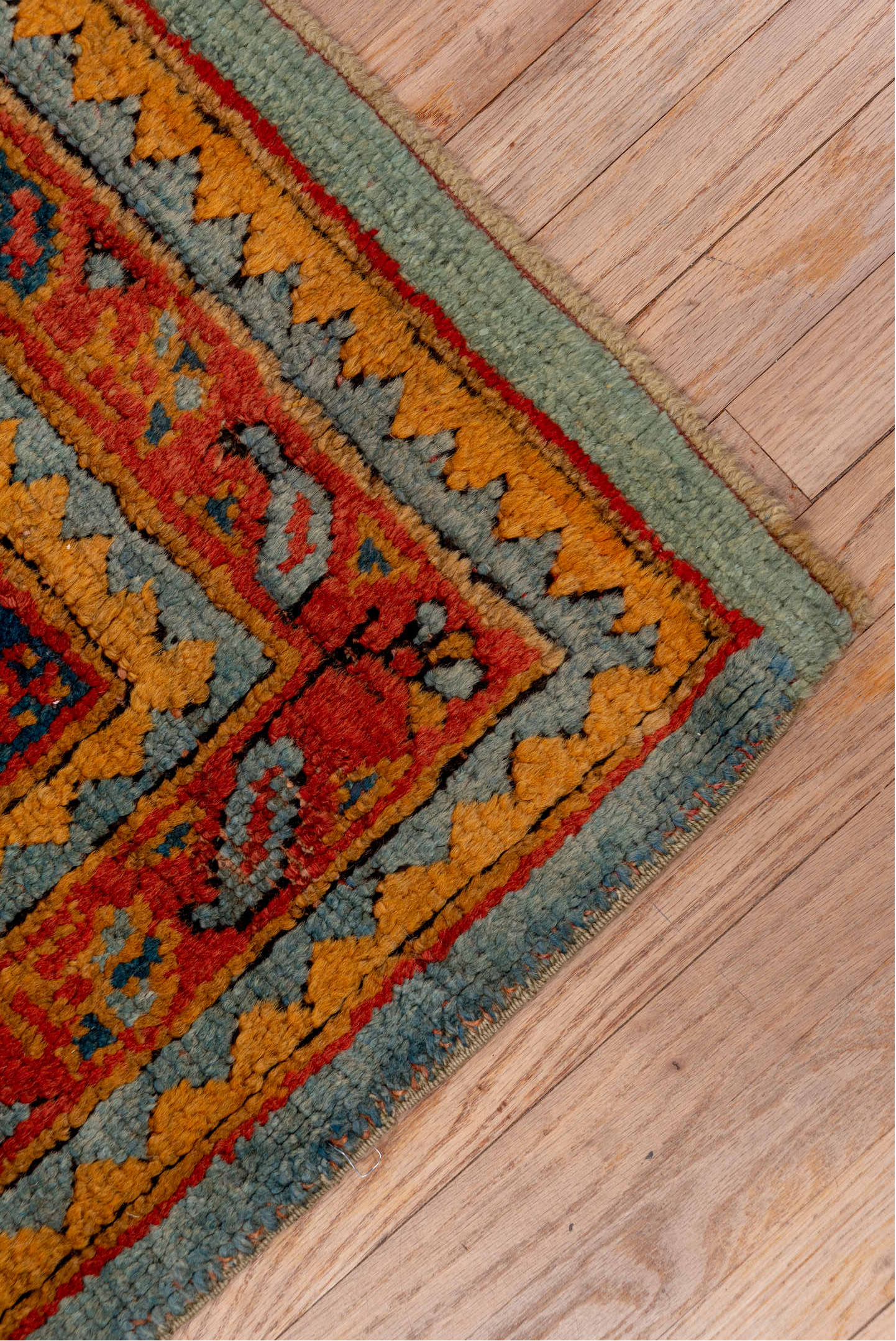 7' x 8' one-of-a-kind handmade vintage Oushak rug. Color palette: black, blue, brown, dim gray, gray