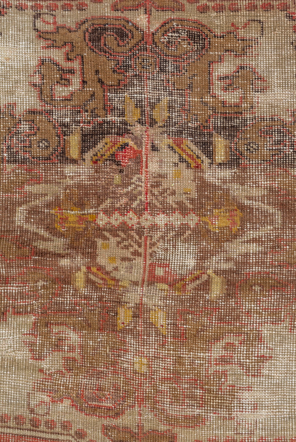 4' x 7' one-of-a-kind handmade vintage Oushak rug. Color palette: brown, gray, light gray, off-white, pink, red, sienna