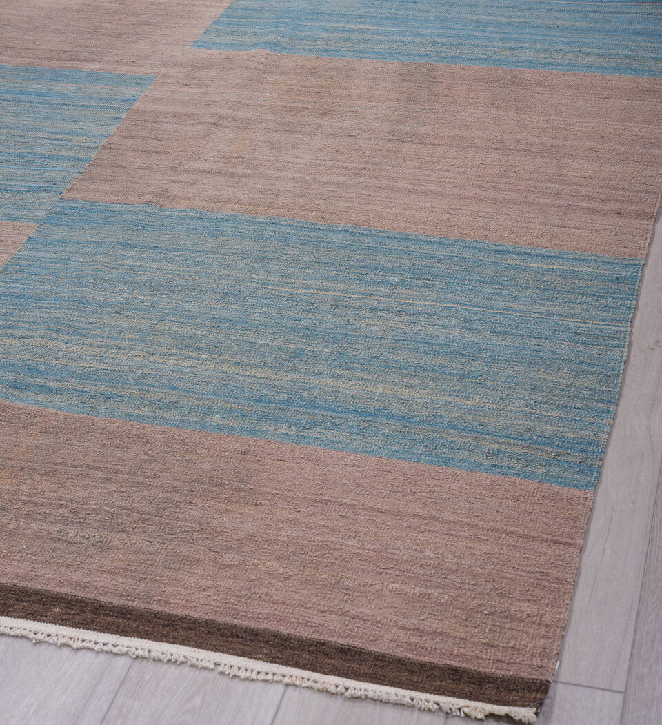 8' x 11' one-of-a-kind handmade vintage Kilim large size rug. Color palette: black, blue, brown, dark gray, dim gray, gray