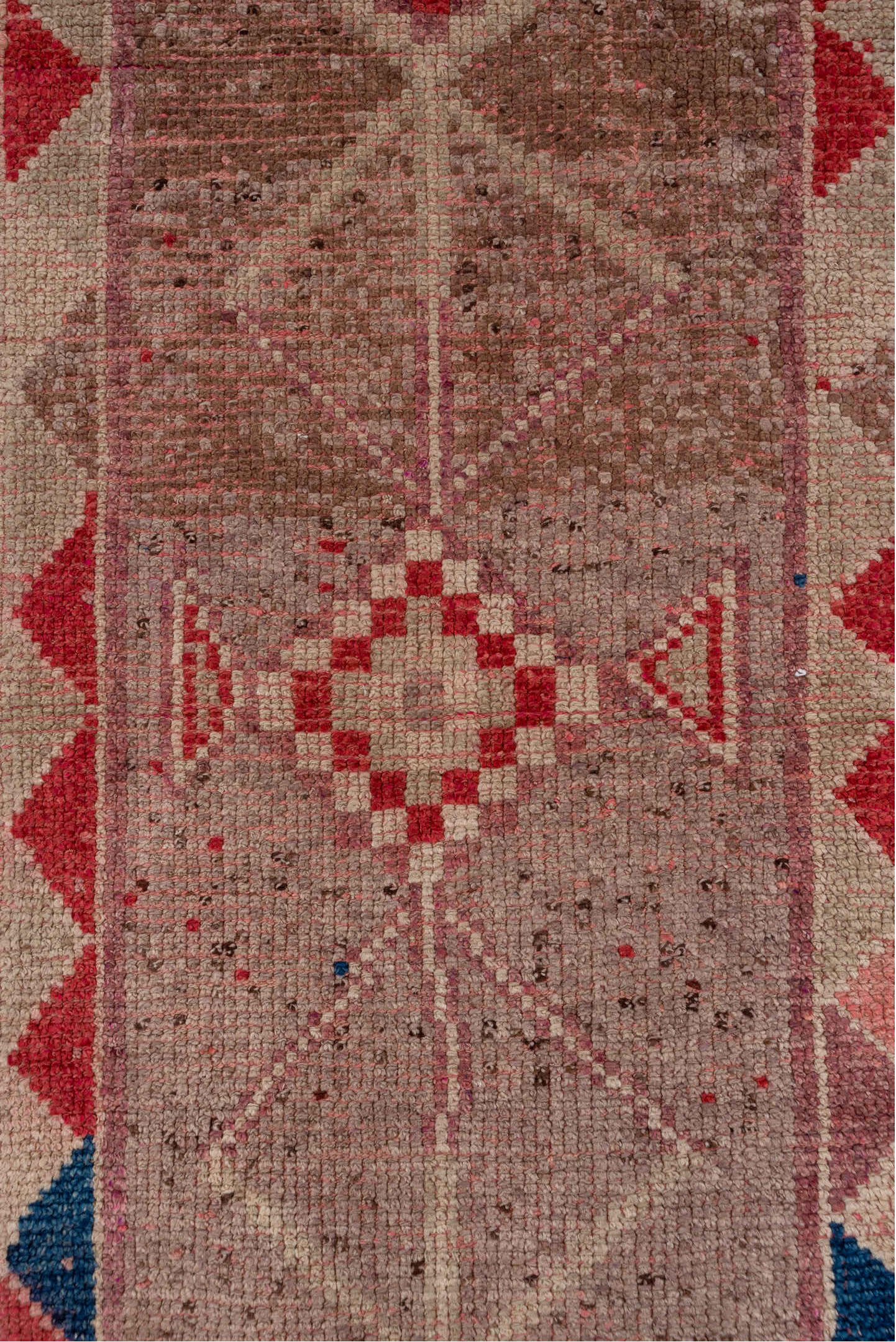 2' x 9' one-of-a-kind handmade vintage Oushak runner rug. Color palette: blue, brown, gray, pink, red