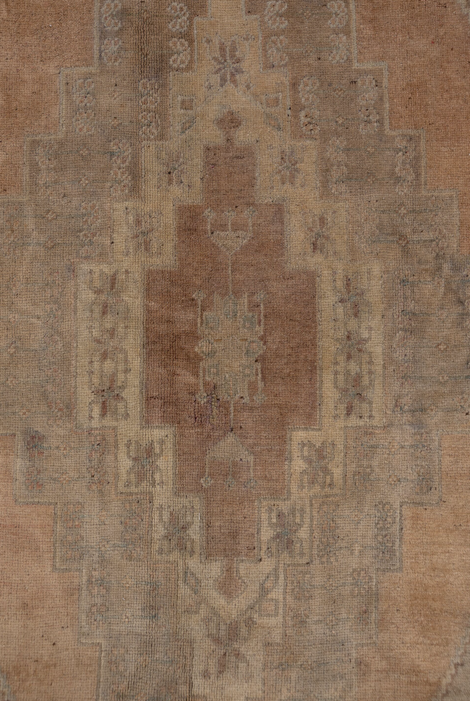 6' x 10' one-of-a-kind handmade vintage Oushak large size rug. Color palette: brown, gray, light gray, off-white, pink, snow
