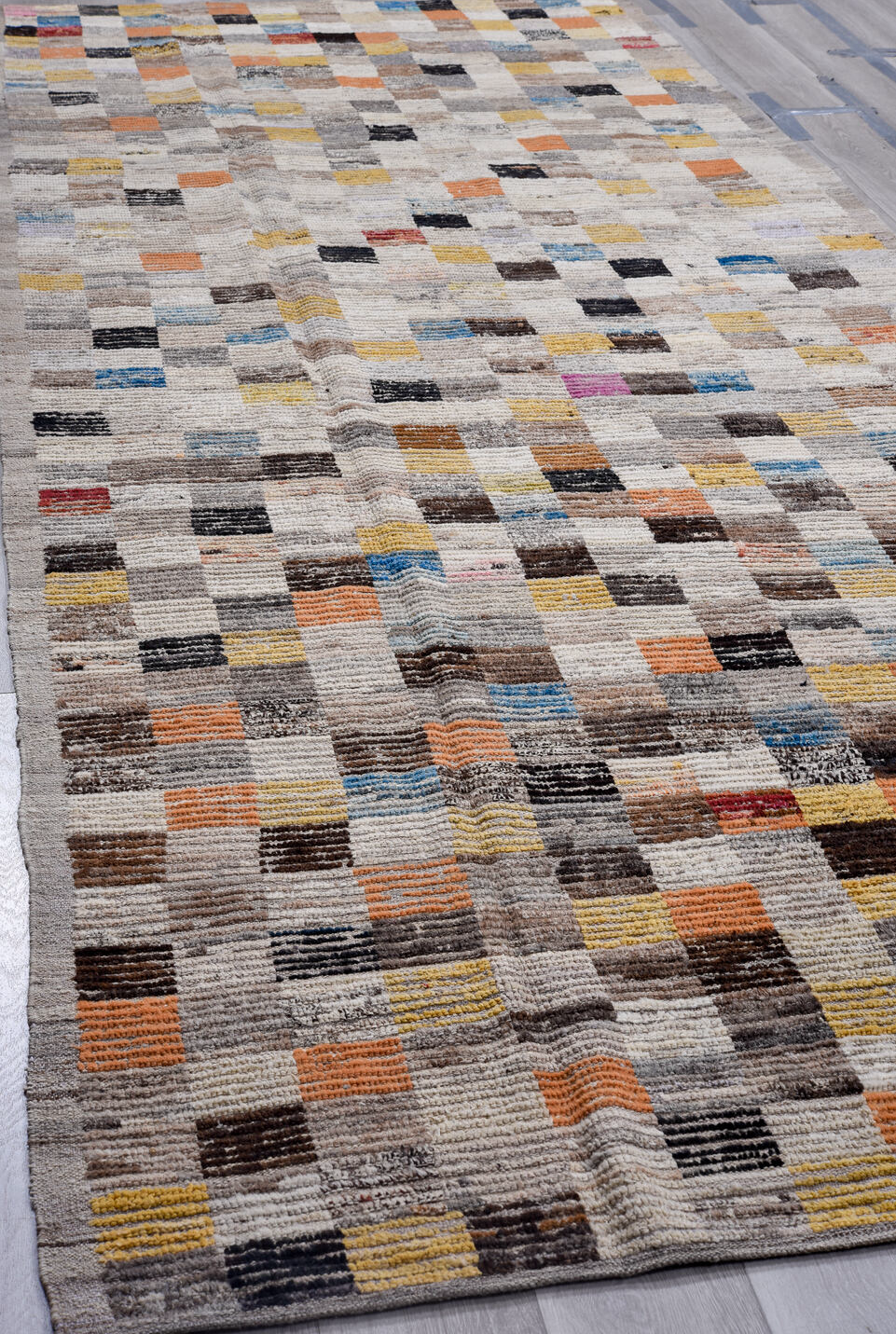5' x 14' one-of-a-kind handmade vintage Tulu rug. Color palette: brown, blue, gray, pink, black, red, light gray, off-white