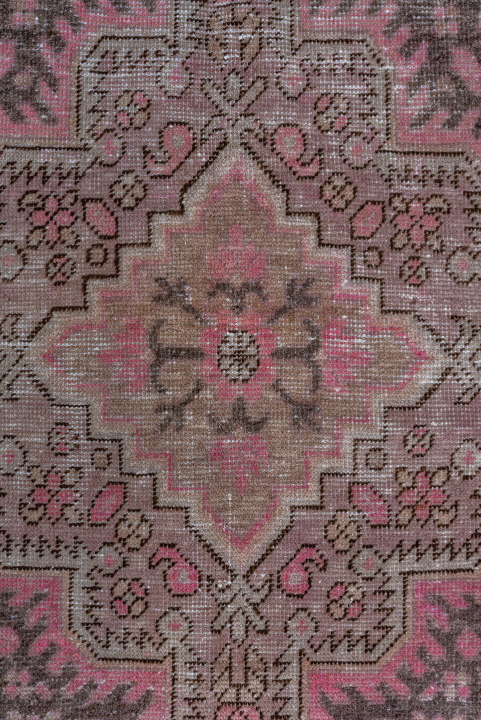 6' x 13' one-of-a-kind handmade vintage Khotan large size rug. Color palette: brown, gray, light gray, off-white, pink