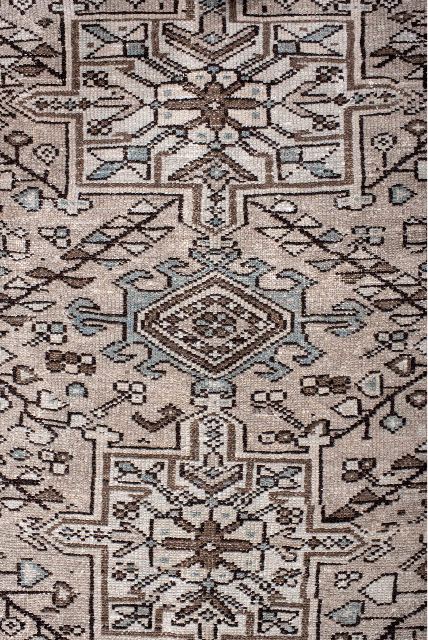 3' x 4' one-of-a-kind handmade vintage Karaje small size rug. Color palette: black, brown, charcoal, dim gray, gainsboro