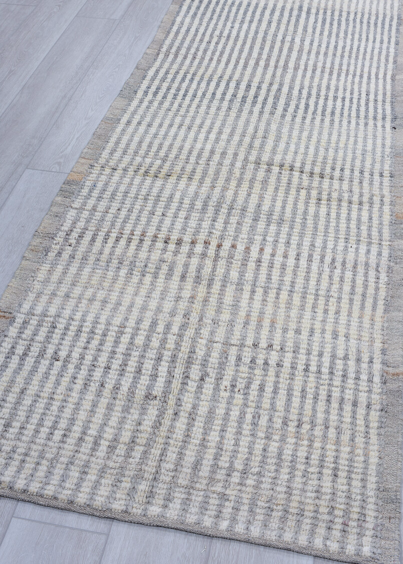 3' x 13' one-of-a-kind handmade vintage Tulu runner rug. Color palette: dark gray, gainsboro, gray, light blue, light gray