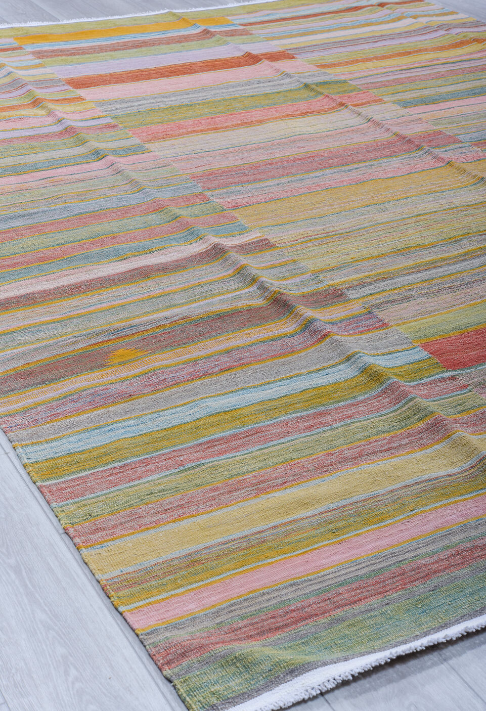 8' x 12' one-of-a-kind handmade vintage Kilim large size rug. Color palette: blue, brown, dark gray, gray, light gray