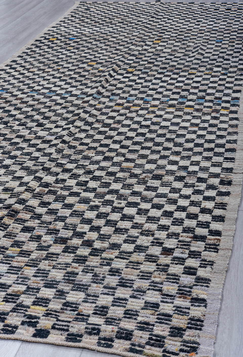 5' x 14' one-of-a-kind handmade vintage Tulu rug. Color palette: black, blue, brown, dark gray, dim gray, gainsboro, gray