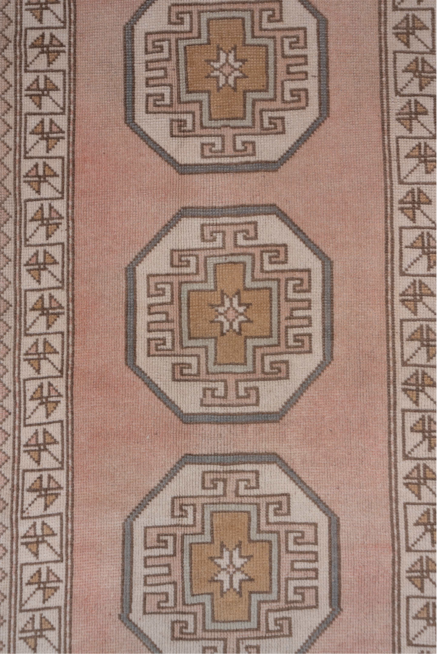 2' x 11' one-of-a-kind handmade vintage Oushak runner rug. Color palette: brown, gray, light gray, off-white, pink, snow