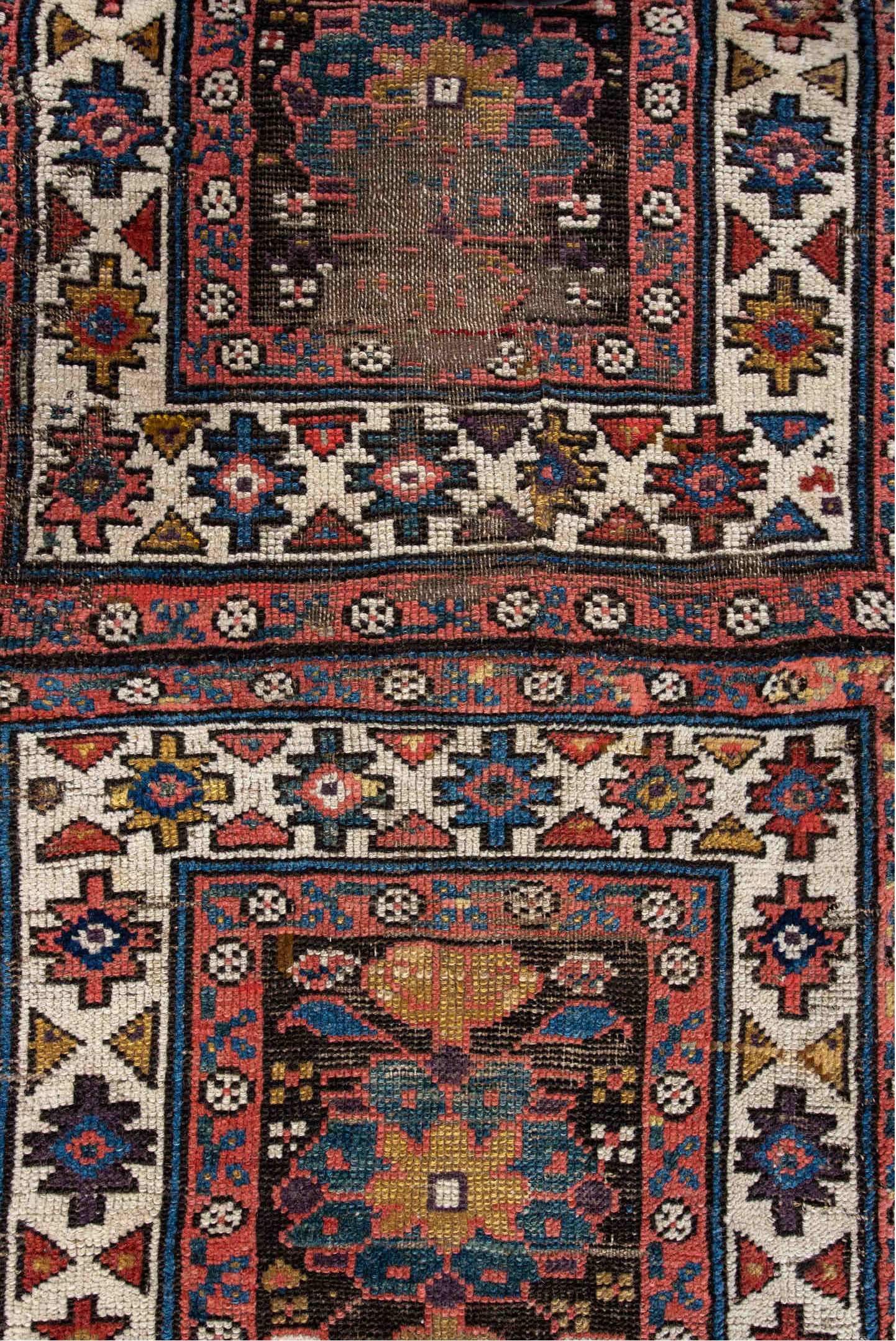 1' x 3' one-of-a-kind handmade vintage Kurd small size rug. Color palette: gray, orange, off-white, blue, black, brown, red