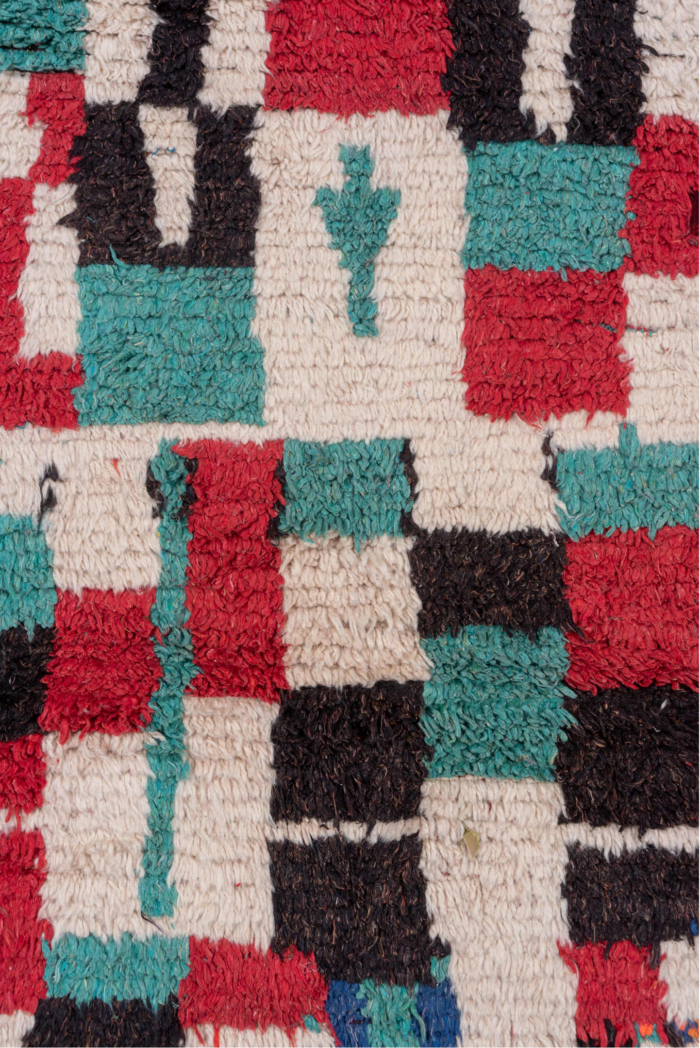 4' x 6' one-of-a-kind handmade vintage Moroccan small size rug. Color palette: gray, blue, brown, red, pink, light gray