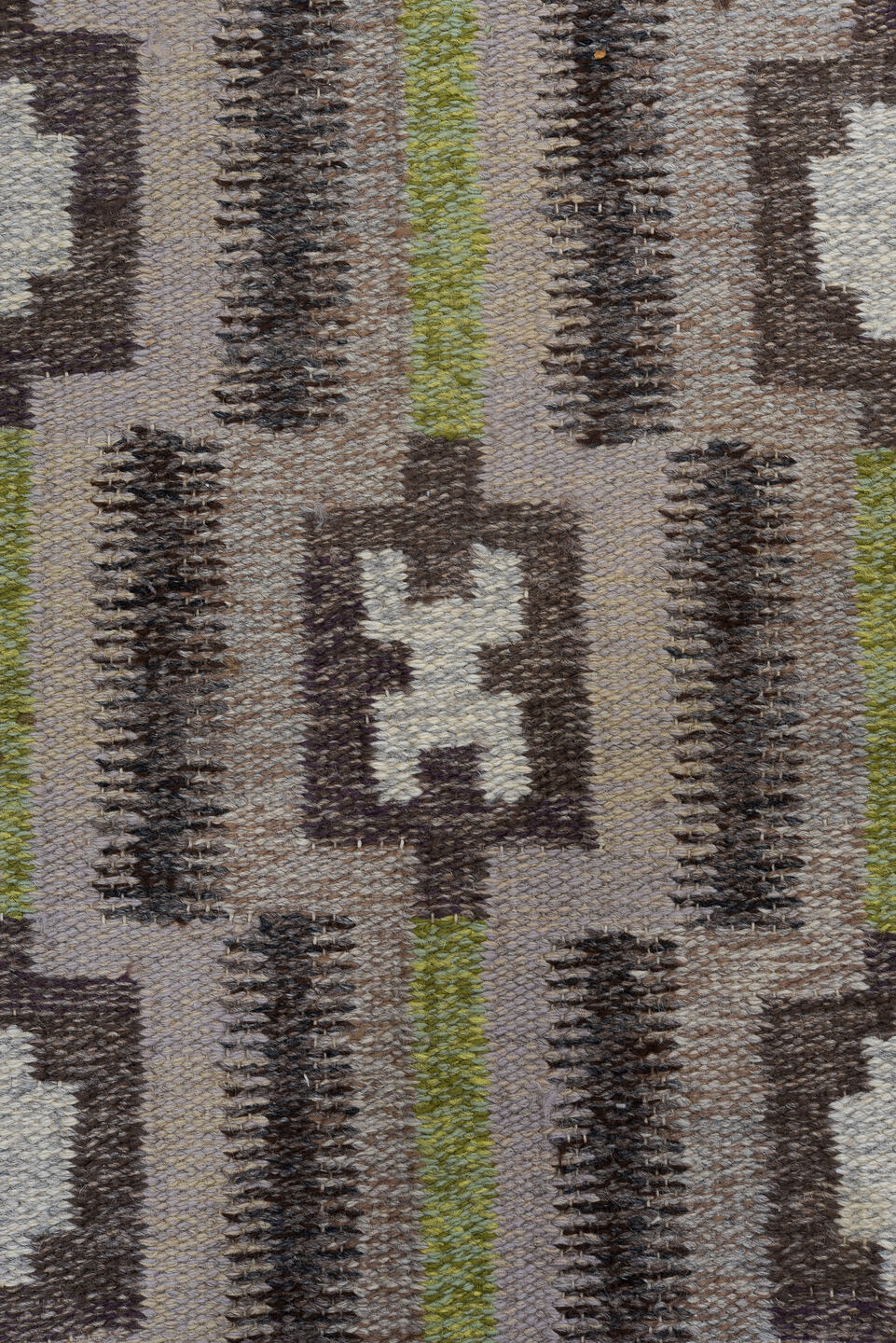 4' x 8' one-of-a-kind handmade vintage Rollaken rug. Color palette: brown, dark gray, dark khaki, gray, light gray