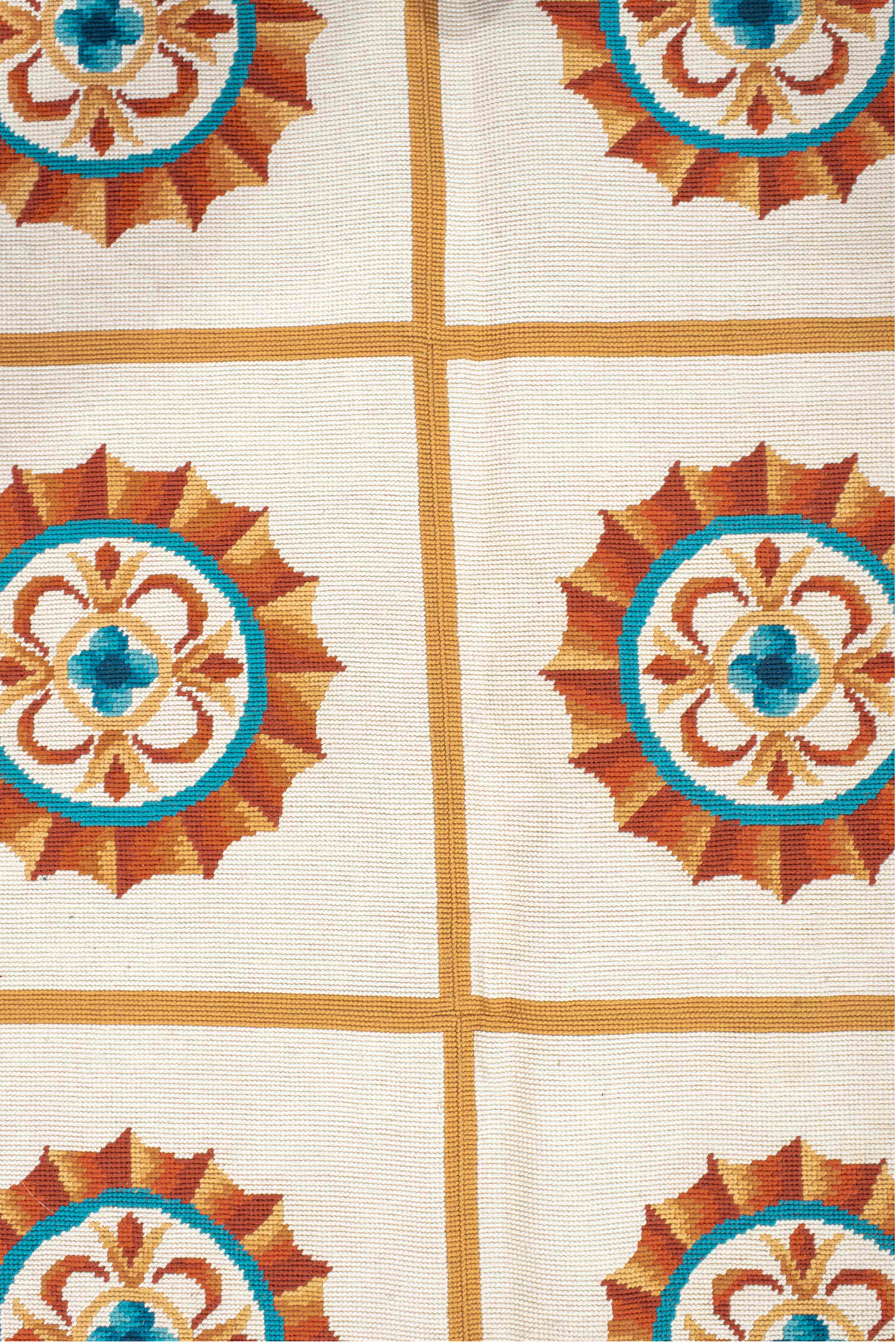 6' x 7' one-of-a-kind handmade vintage Needlepoint rug. Color palette: blue, brown, gray, green, off-white, orange, pink