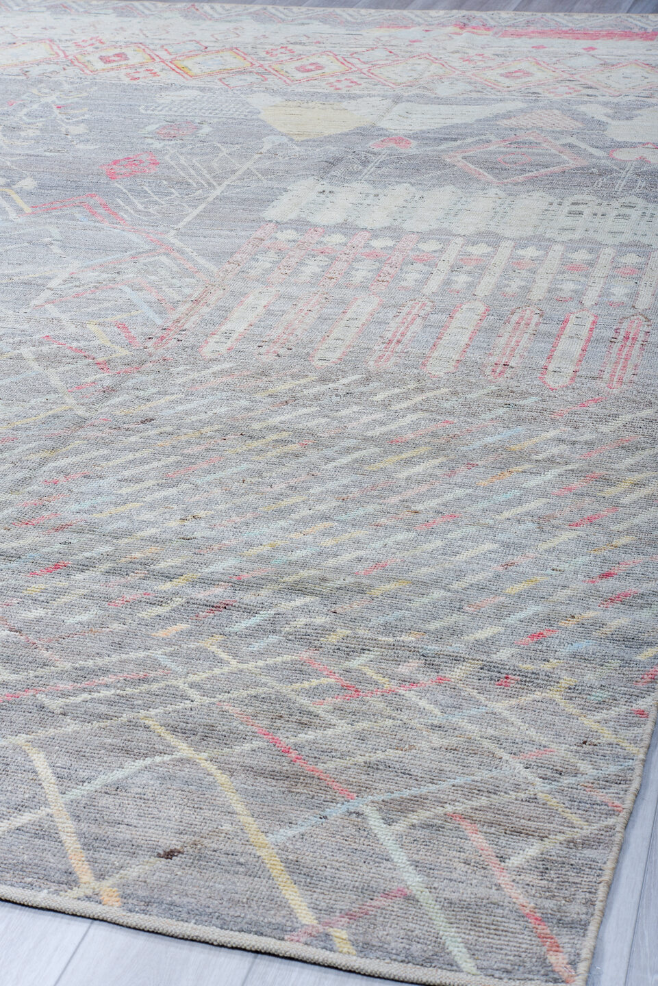 10' x 13' one-of-a-kind handmade vintage Tulu large size rug. Color palette: black, dark gray, dim gray, gainsboro, gray