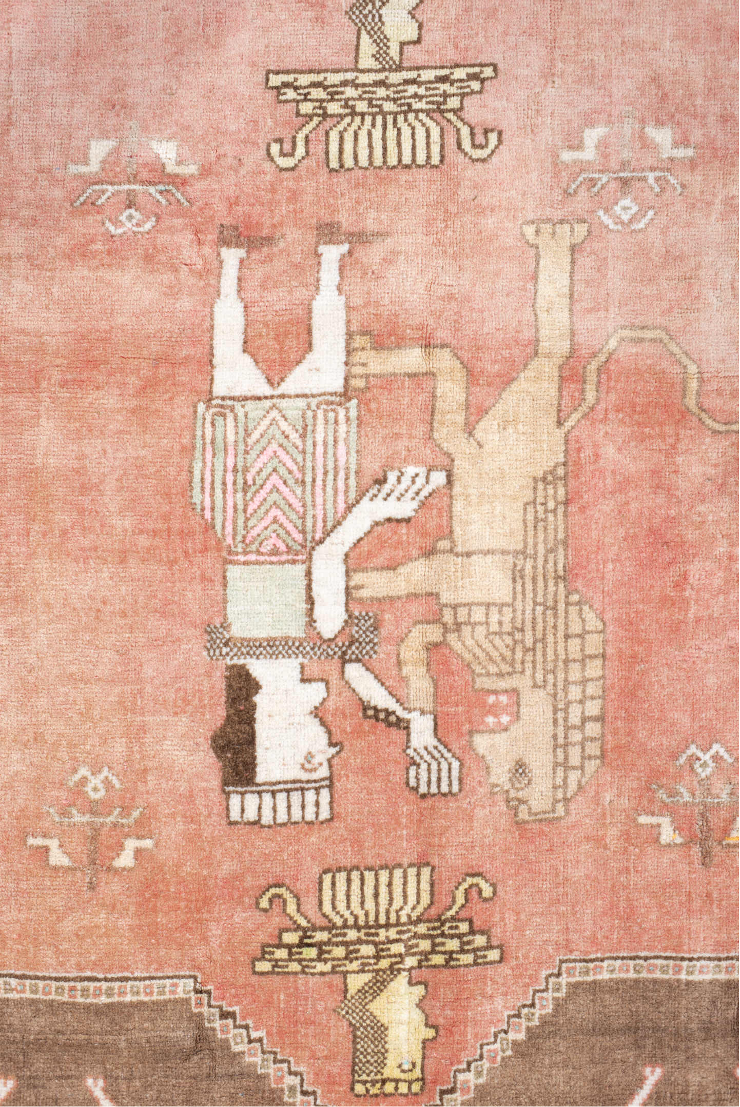 4' x 5' one-of-a-kind handmade vintage Gabbeh small size rug. Color palette: gray, pink, off-white, brown, light gray