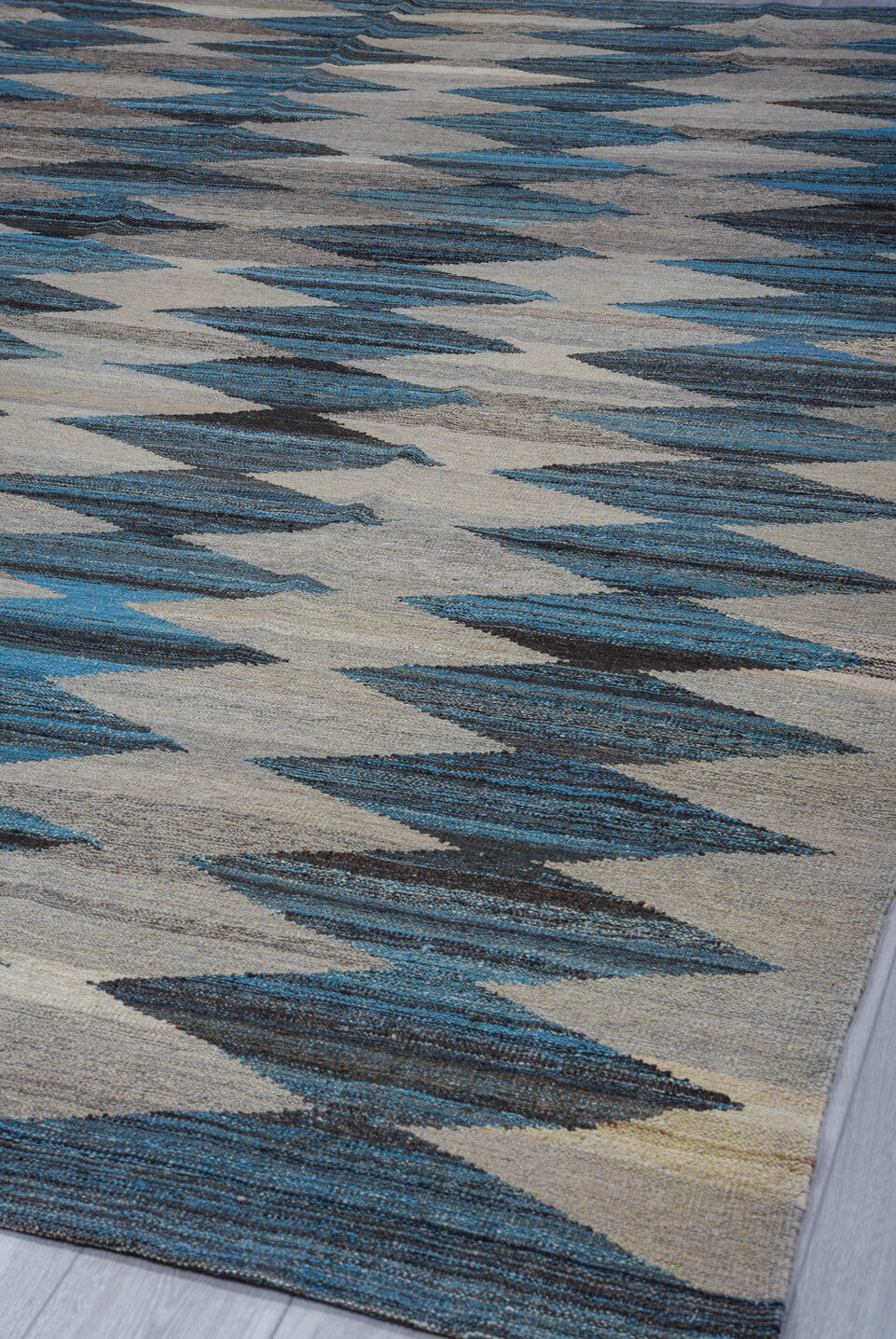 9' x 11' one-of-a-kind handmade vintage Kilim large size rug. Color palette: arapawa, black, blue, brown, charcoal