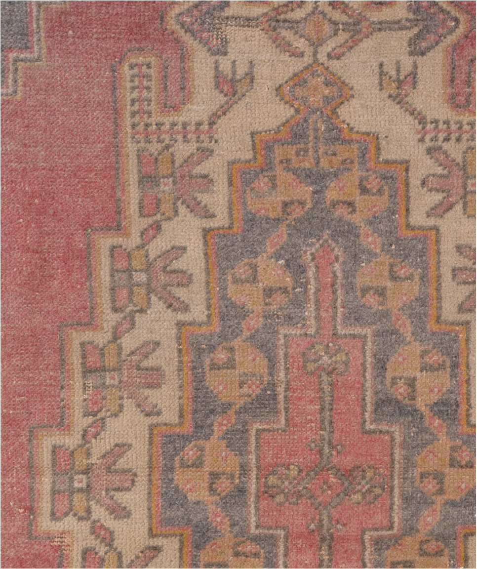 4' x 7' one-of-a-kind handmade vintage Oushak rug. Color palette: brown, gray, light gray, off-white, orange, pink