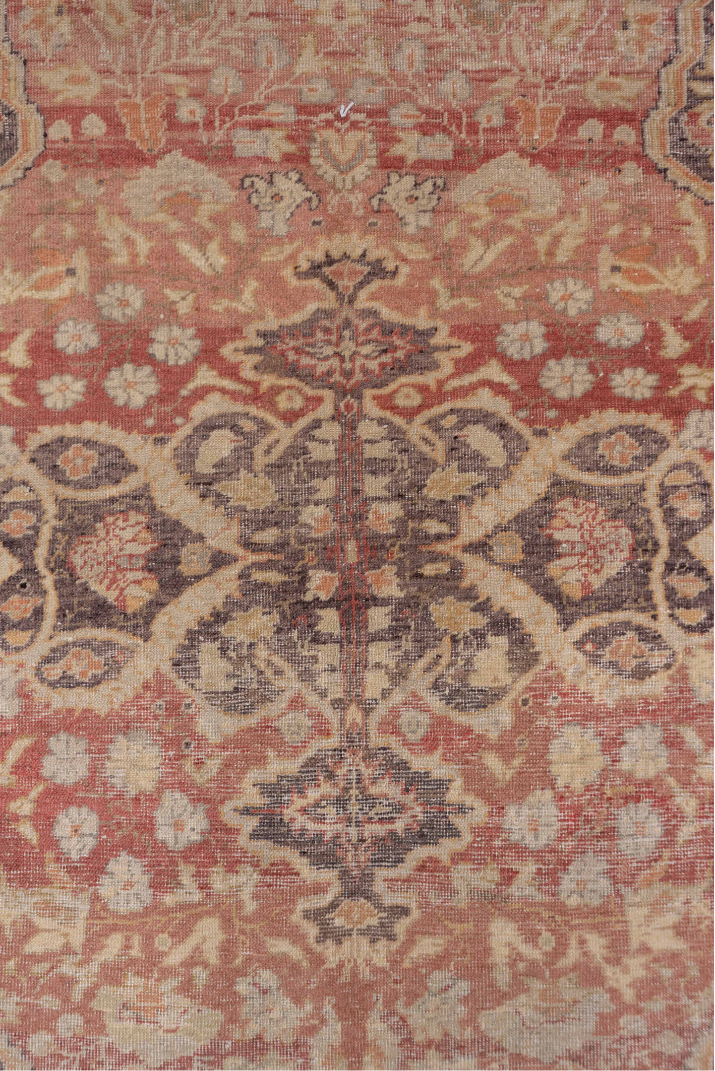 5' x 7' one-of-a-kind handmade vintage Oushak rug. Color palette: brown, gray, light gray, off-white, orange, pink, red