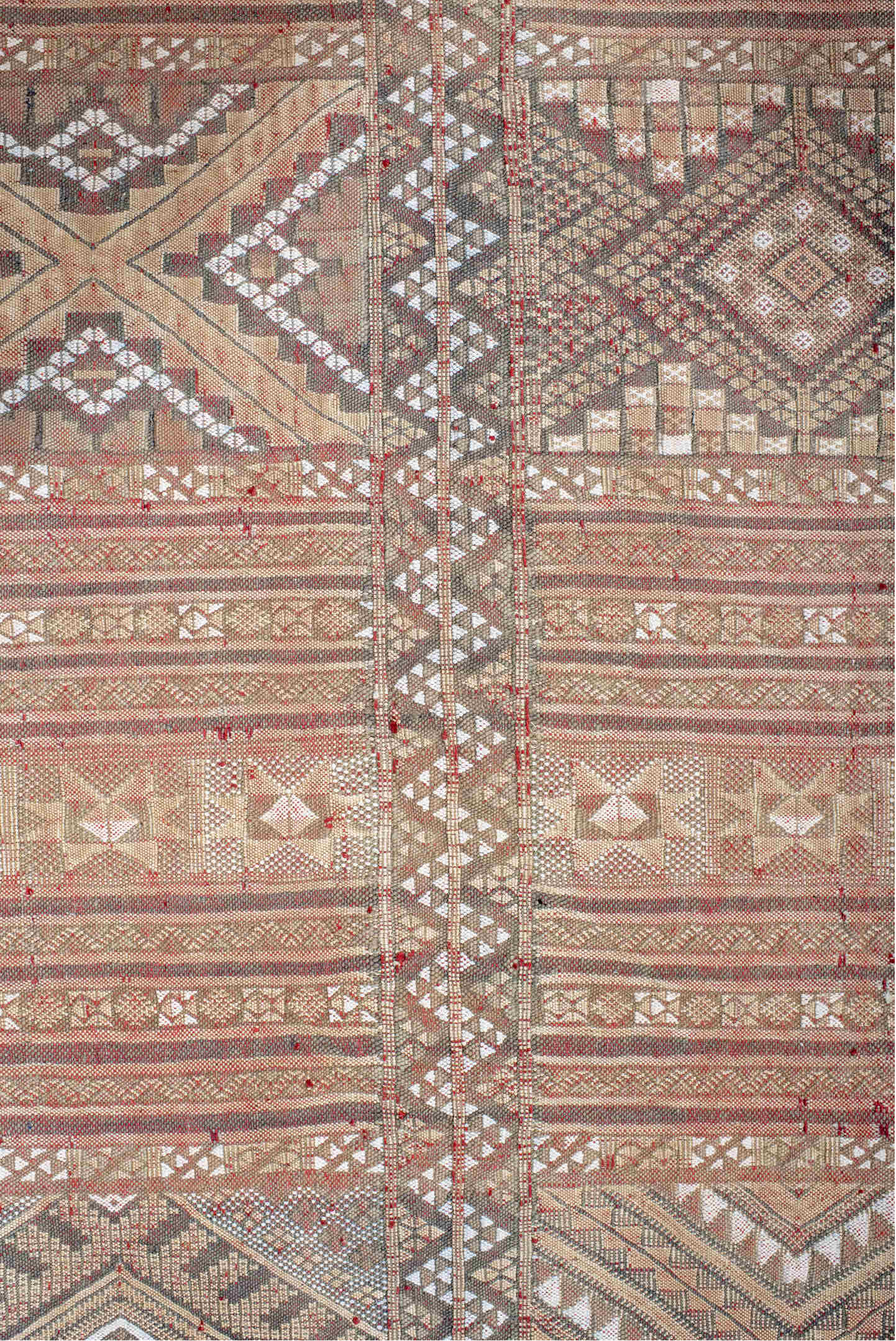 7' x 11' one-of-a-kind handmade vintage Kilim large size rug. Color palette: antiquewhite, brown, dim gray, gray, light gray