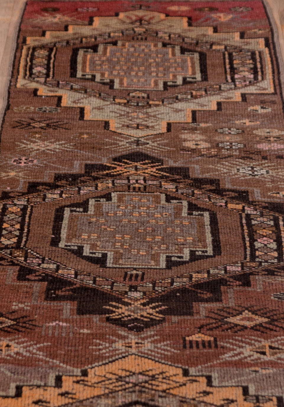 2' x 14' one-of-a-kind handmade vintage Kars runner rug. Color palette: brown, gray, pink, redwood