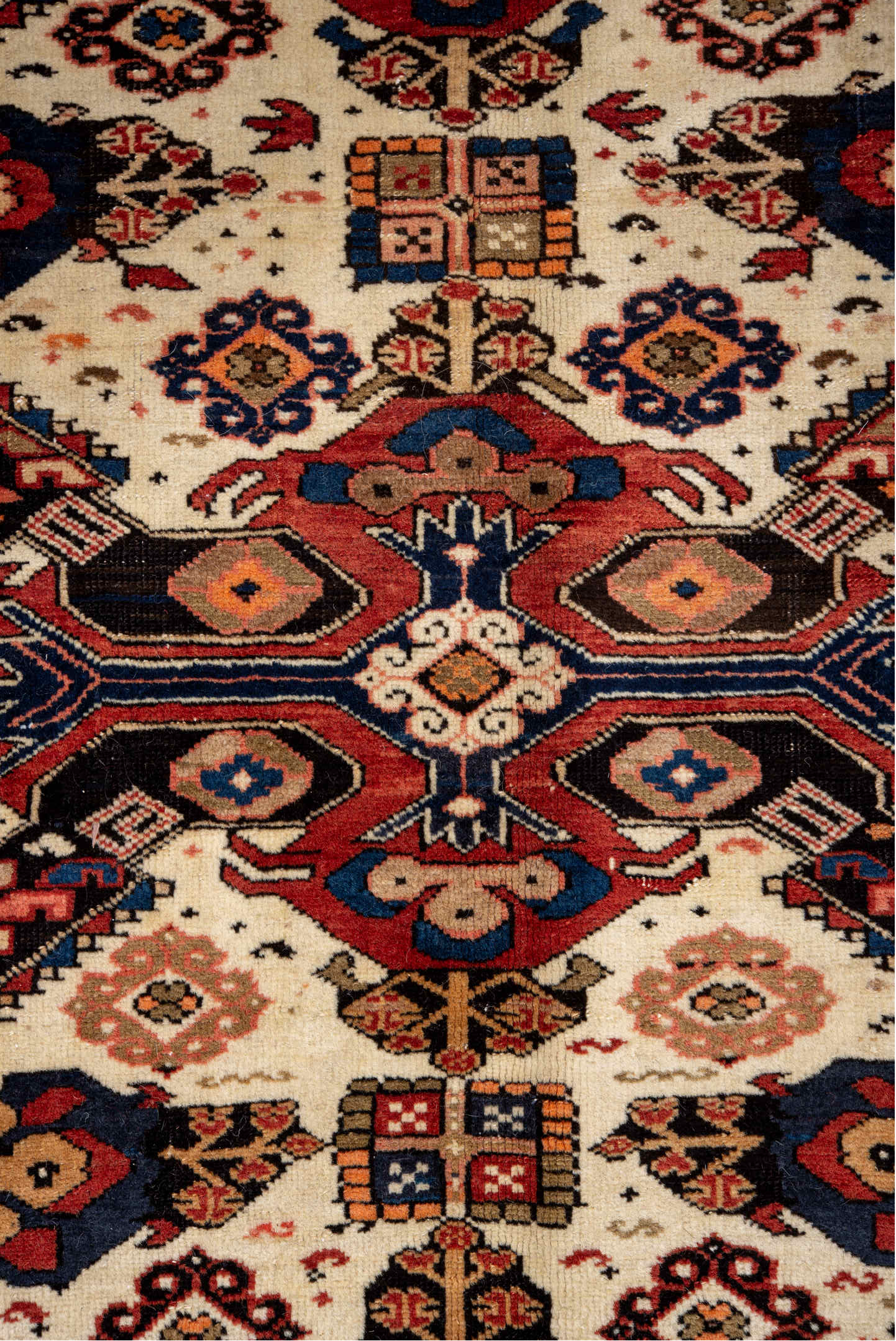 5' x 9' one-of-a-kind handmade vintage Caucasian medium size rug. Color palette: blue, brown, gray, light gray, off-white