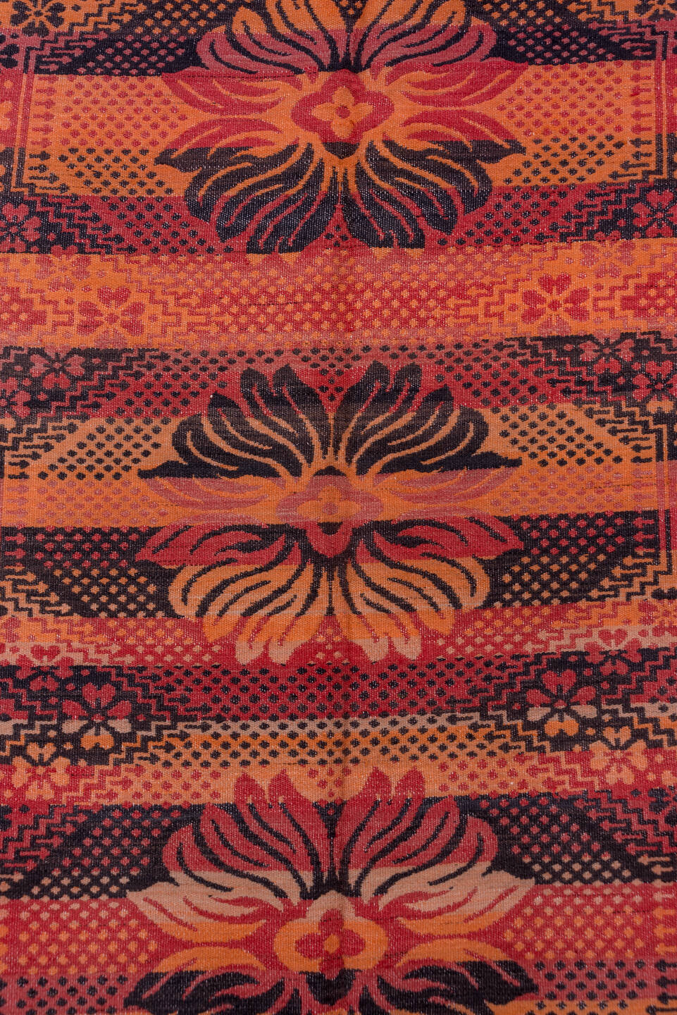 5' x 11' one-of-a-kind handmade vintage Kilim rug. Color palette: black, brown, gray, pink, red, wine