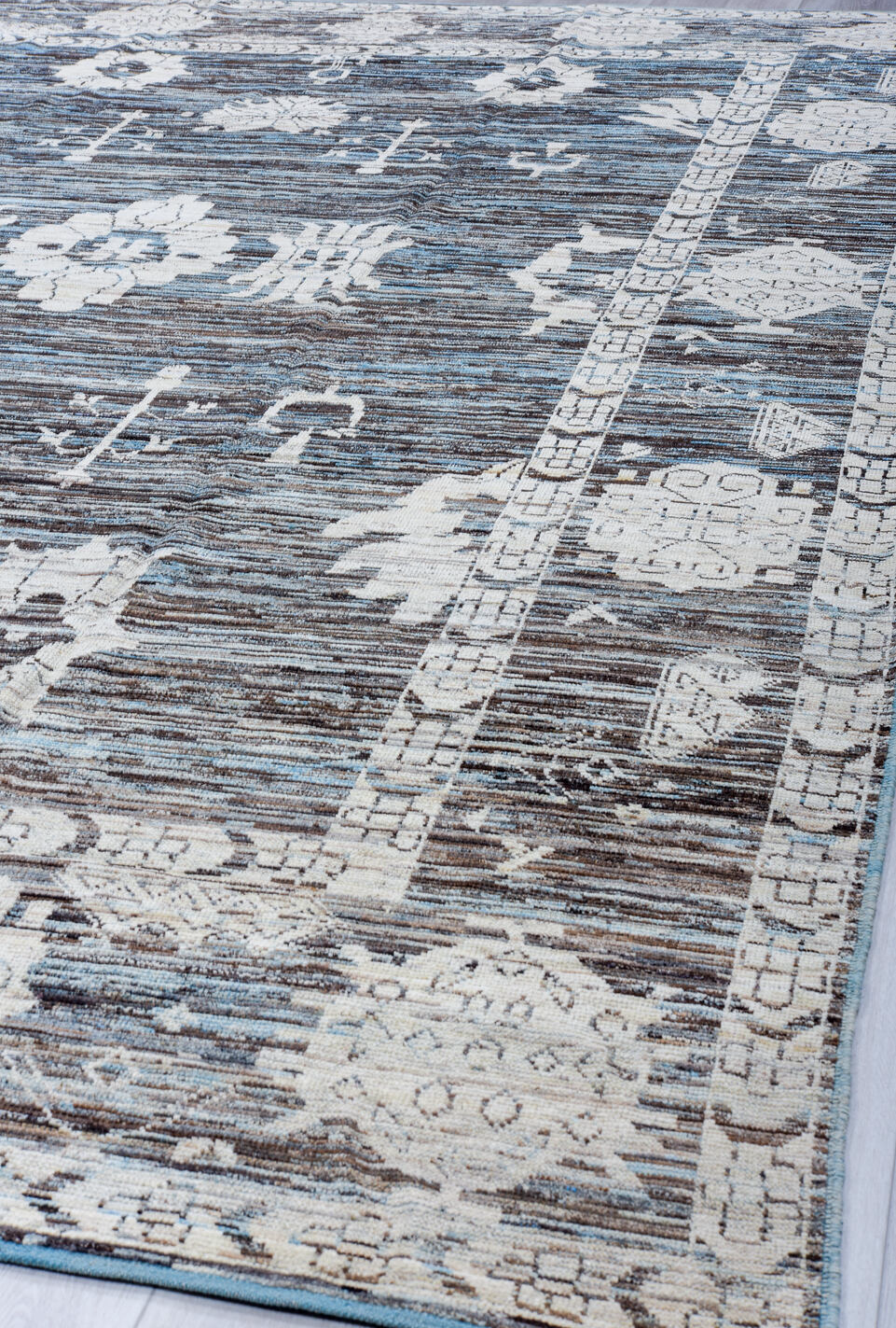 9' x 14' one-of-a-kind handmade vintage Tulu large size rug. Color palette: black, blue, charcoal, dark gray, dim gray