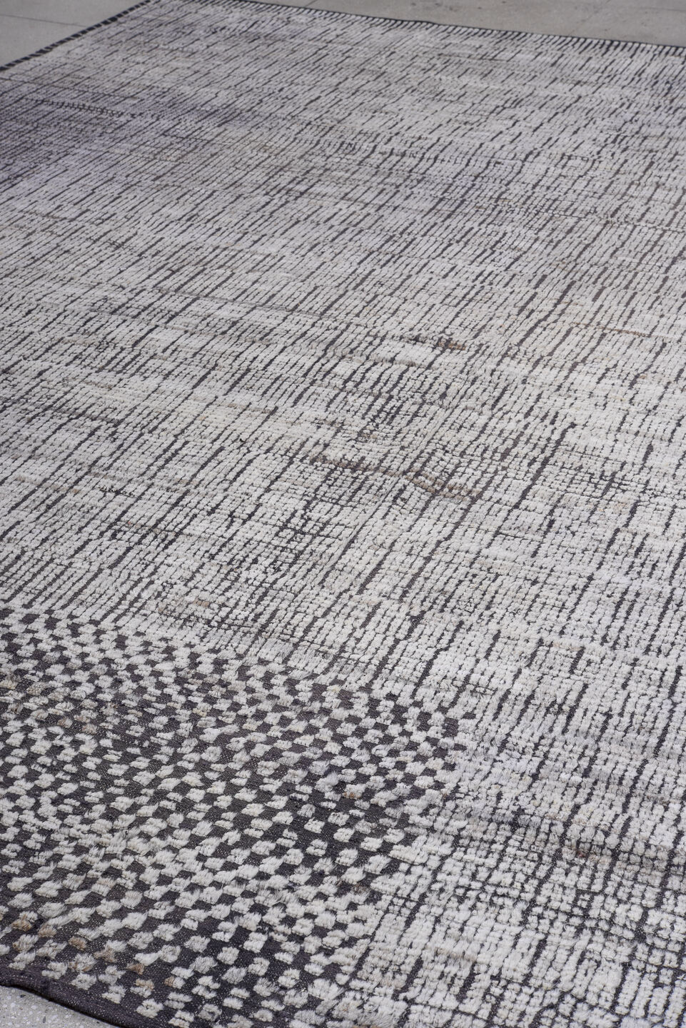 9' x 13' one-of-a-kind handmade vintage Tulu large size rug. Color palette: black, blue, charcoal, dark gray, dim gray, gray