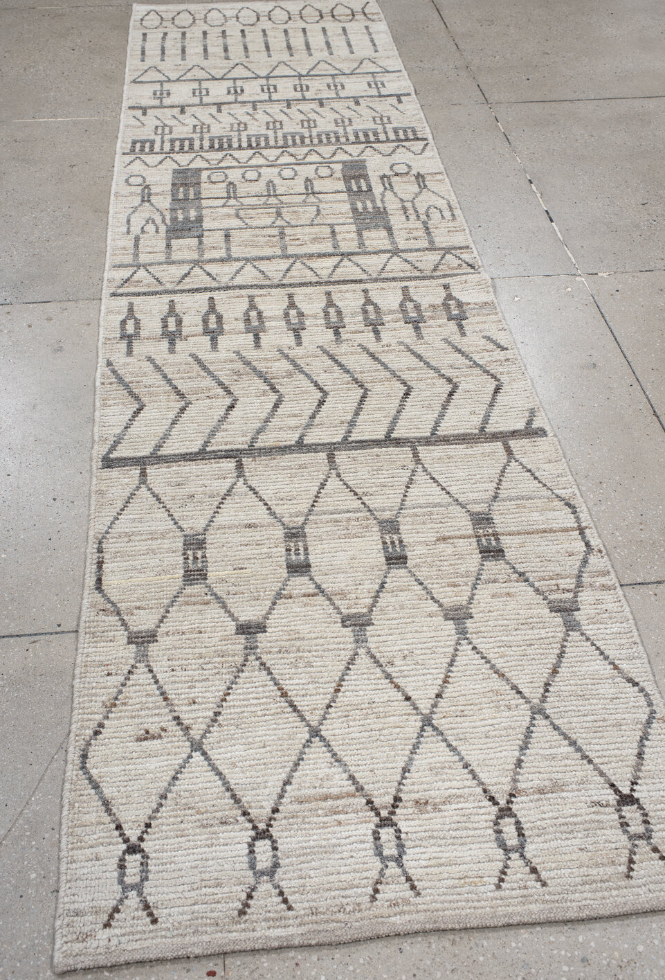 3' x 11' one-of-a-kind handmade vintage Tulu runner rug. Color palette: dark gray, dim gray, gainsboro, gray, light gray