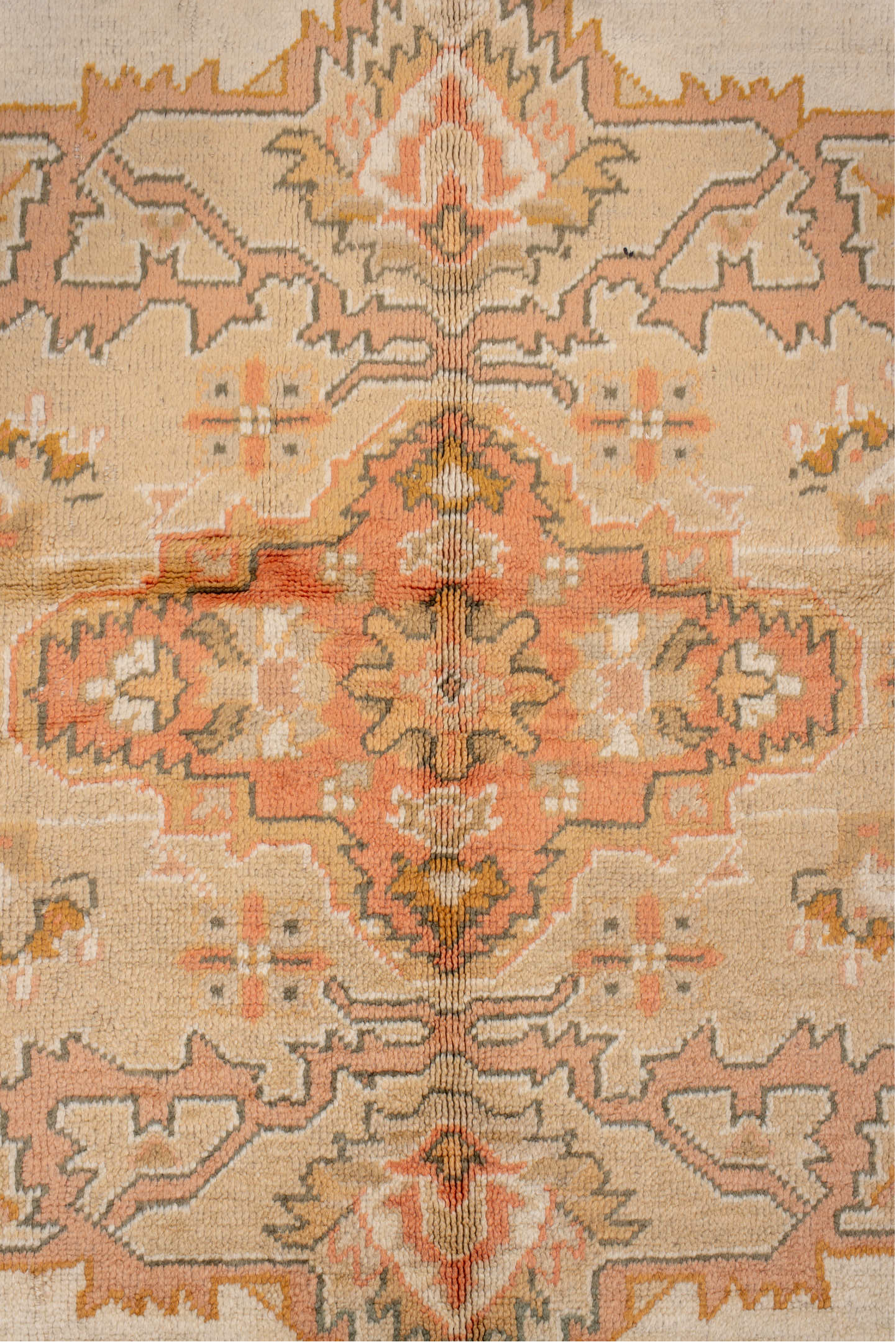 10' x 12' one-of-a-kind handmade vintage Oushak large size rug. Color palette: bisque, brown, burlywood, light gray