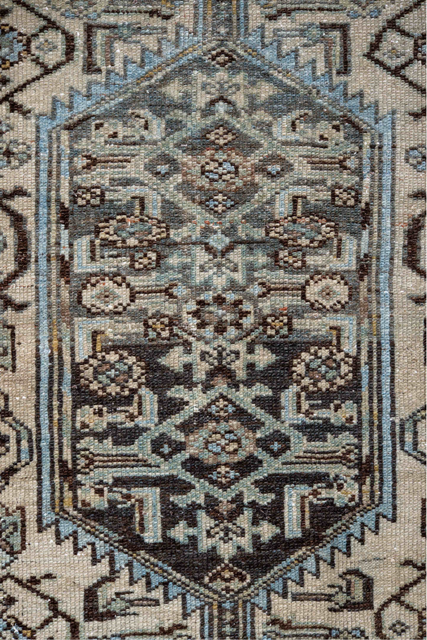 3' x 6' one-of-a-kind handmade vintage Malayer runner rug. Color palette: black, blue, brown, gainsboro, gray, light blue