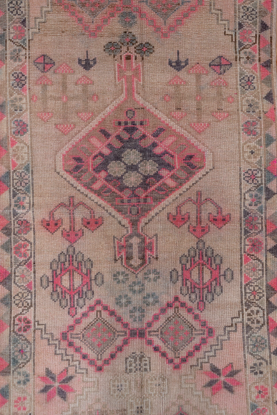 2' x 12' one-of-a-kind handmade vintage Oushak runner rug. Color palette: brown, gray, light gray, off-white, pink, red