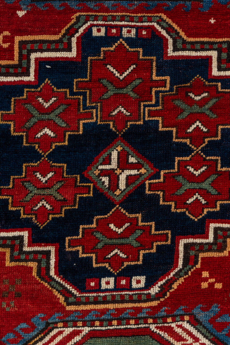 5' x 7' one-of-a-kind handmade vintage Kazak rug. Color palette: blue, brown, fiord, gray, light gray, pink, red, slate gray