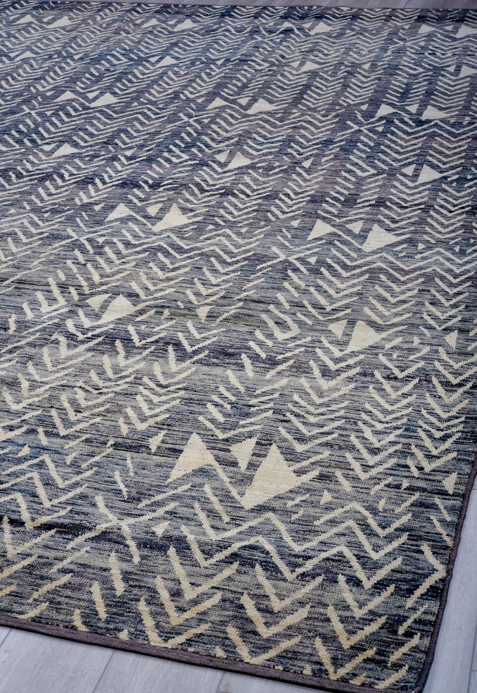 10' x 14' one-of-a-kind handmade vintage Tulu large size rug. Color palette: black, blue, dark gray, gray, light blue