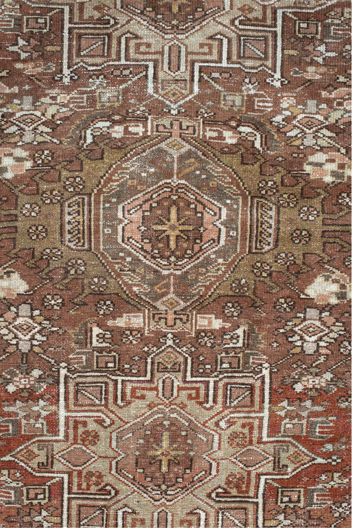 4' x 5' one-of-a-kind handmade vintage Karaje small size rug. Color palette: antiquewhite, brown, floral white, gray