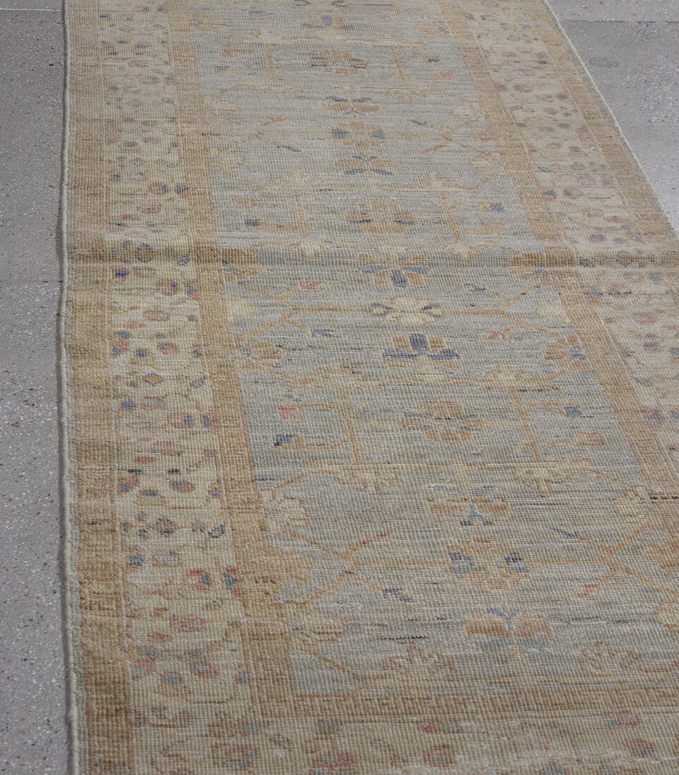 3' x 10' one-of-a-kind handmade vintage Oushak runner rug. Color palette: dark gray, gray, light blue, light gray