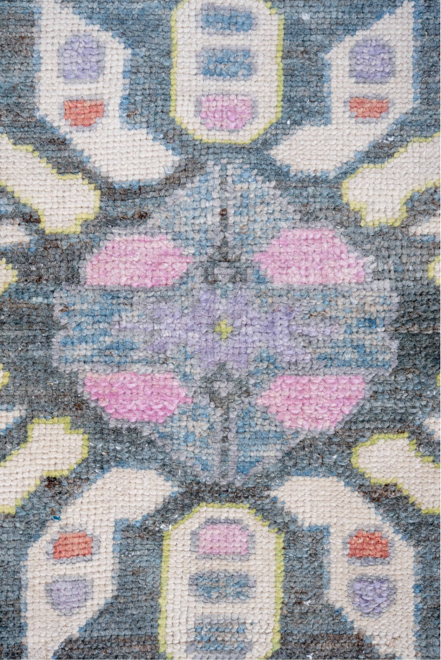 8' x 10' one-of-a-kind handmade vintage Oushak large size rug. Color palette: blue, dark salmon, gray, light blue