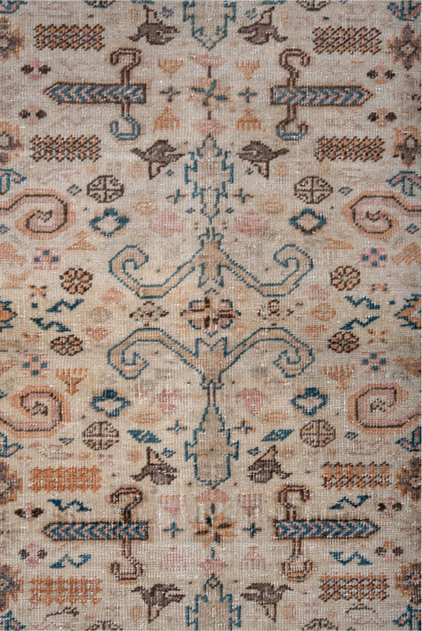 5' x 7' one-of-a-kind handmade vintage Kaisary rug. Color palette: blue, brown, dim gray, gray, light gray, off-white, pink