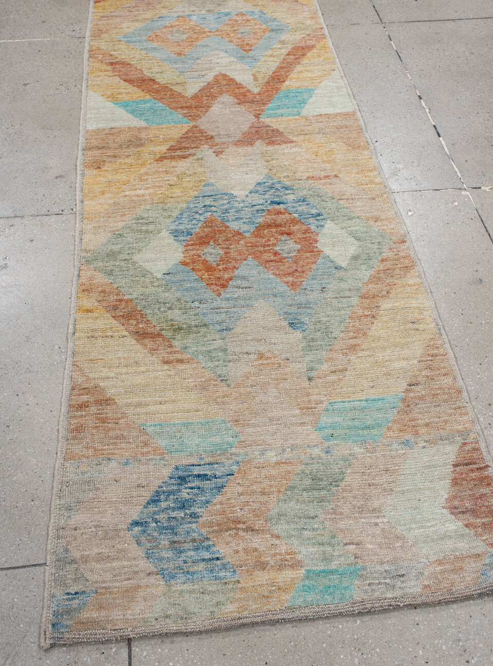 2' x 9' one-of-a-kind handmade vintage Kilim runner rug. Color palette: gray, brown, light blue, light gray, off-white