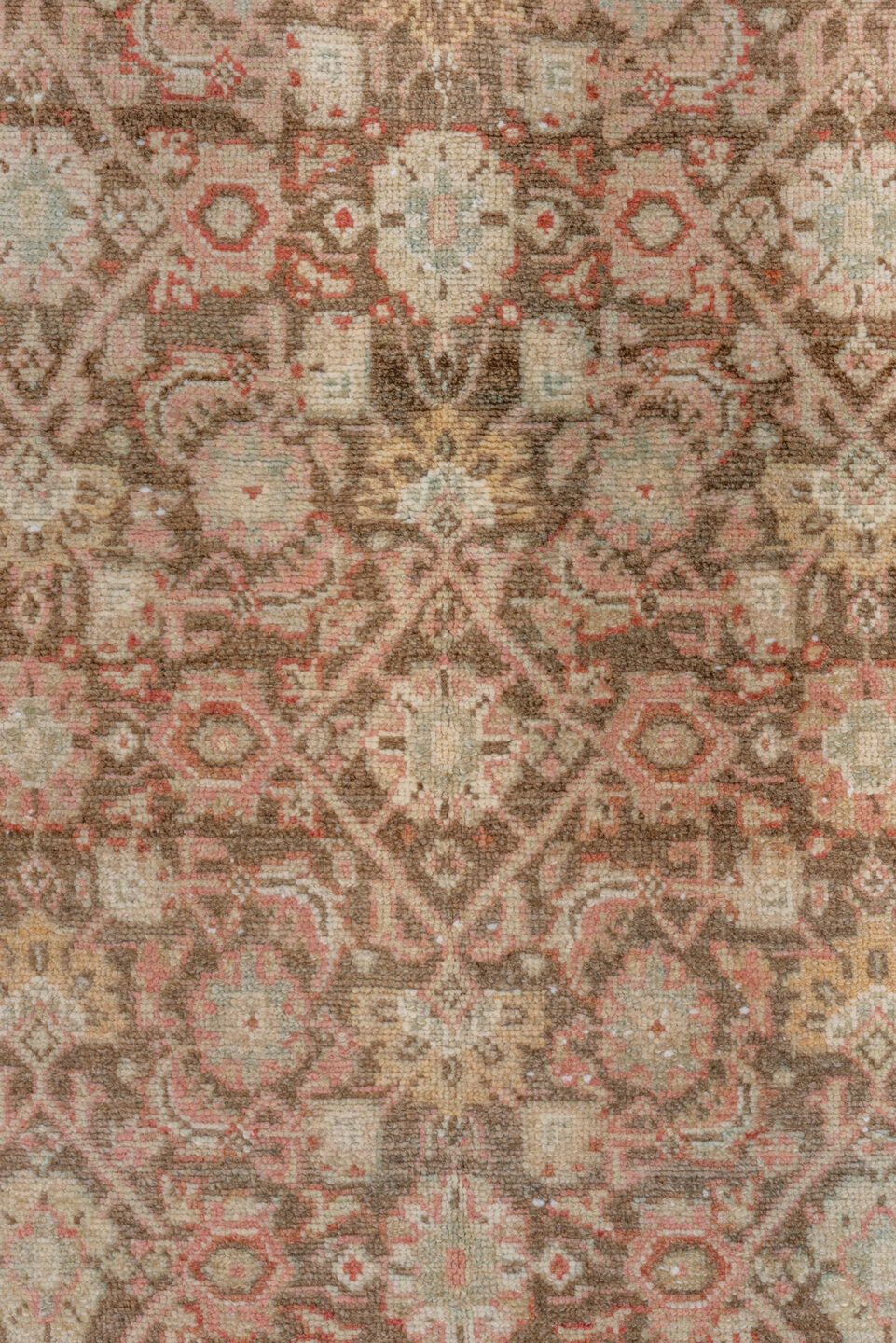 3' x 13' one-of-a-kind handmade vintage Malayer runner rug. Color palette: brown, gray, light gray, off-white, orange, pink